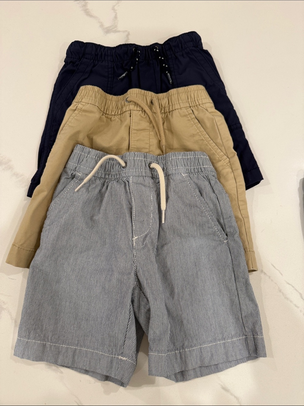 Kids 3-Pack Gap Drawstring Shorts — Navy, Khaki & Pinstripe- SIZE 4T